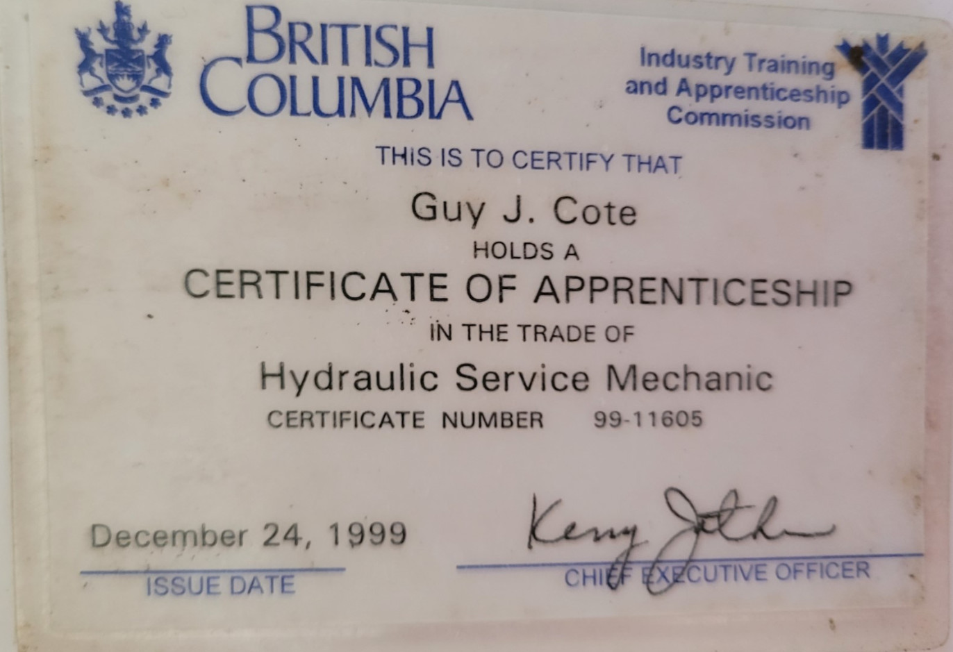Guy Cote Certificate of Apprenticeship Hydraulic Serv ice Mechanic